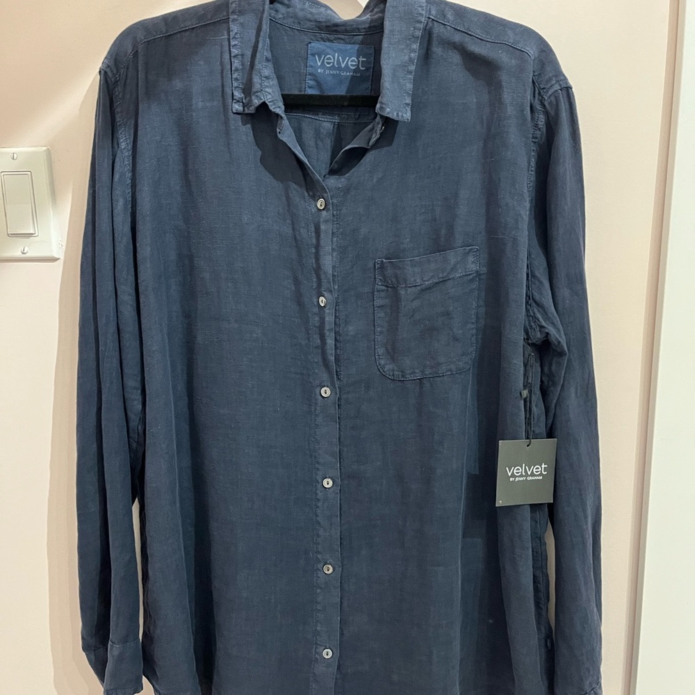 Navy Blue Mulholland Linen Oversized Blouse  Velvet by Jenny Graham
